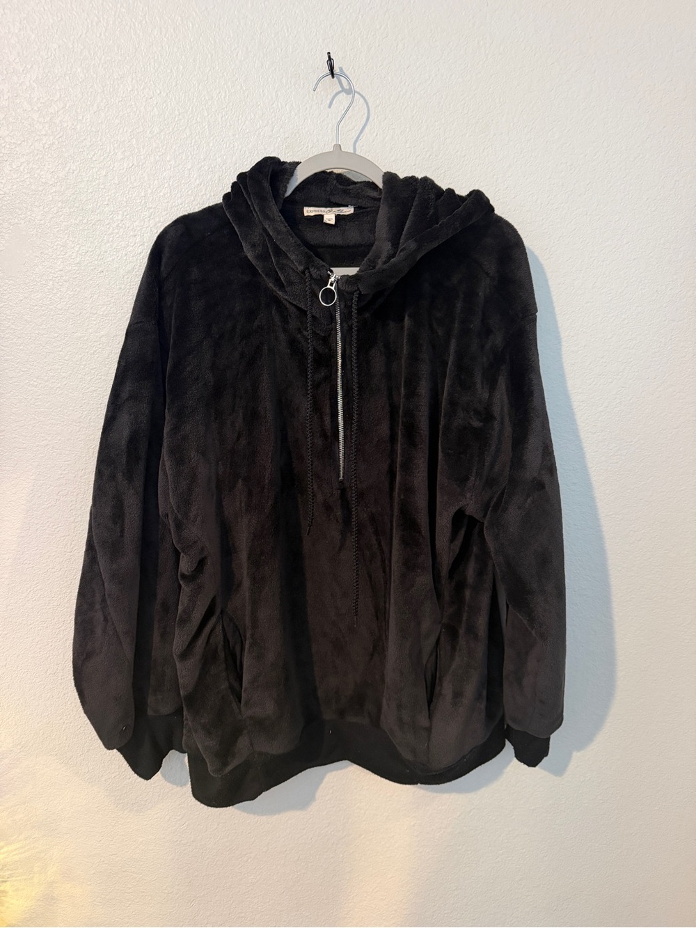 Express One Eleven Black Plush Hooded Half-Zip Jacket